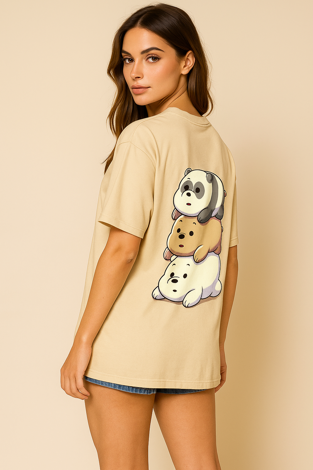 Bear Stack Vibes – Women Oversized Beige Tee