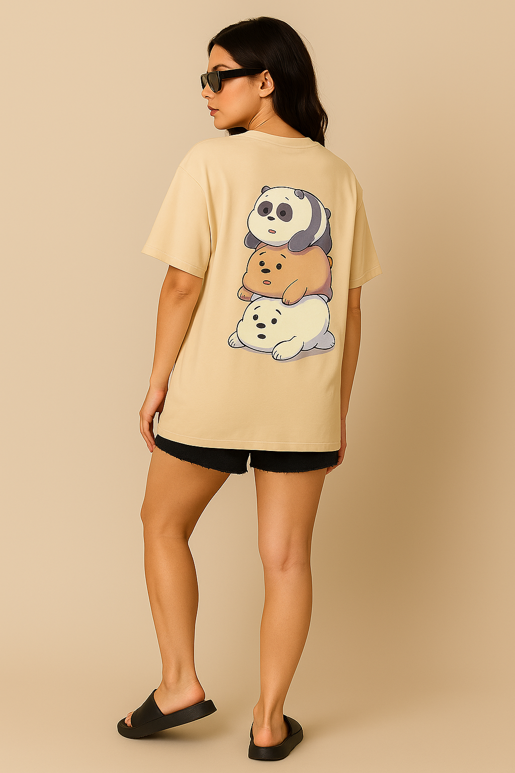 Bear Stack Vibes – Women Oversized Beige Tee