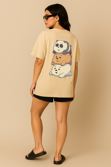 Bear Stack Vibes – Women Oversized Beige Tee