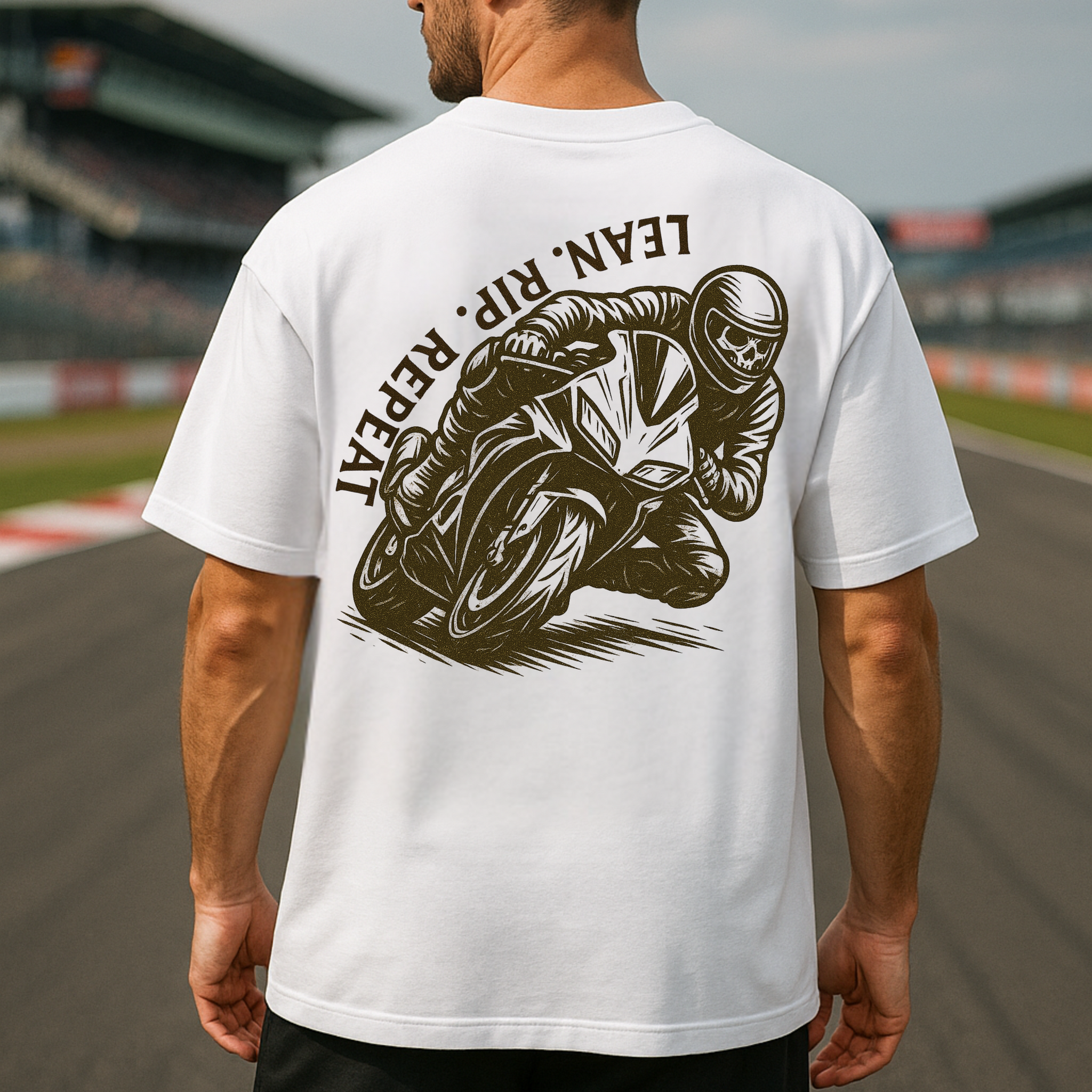 Lean. Rip. Repeat. Oversized Tee   “Throttle wide open. Lean hard. Rip fast. Repeat. Oversized comfort for bikers &amp; street souls.”