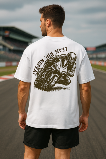 Lean. Rip. Repeat. Oversized Tee   “Throttle wide open. Lean hard. Rip fast. Repeat. Oversized comfort for bikers &amp; street souls.”