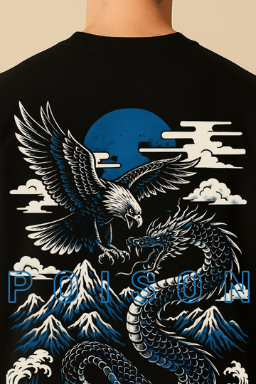 Black Cotton Oversized T-Shirt – Dragon vs Eagle "POISON" Graphic
