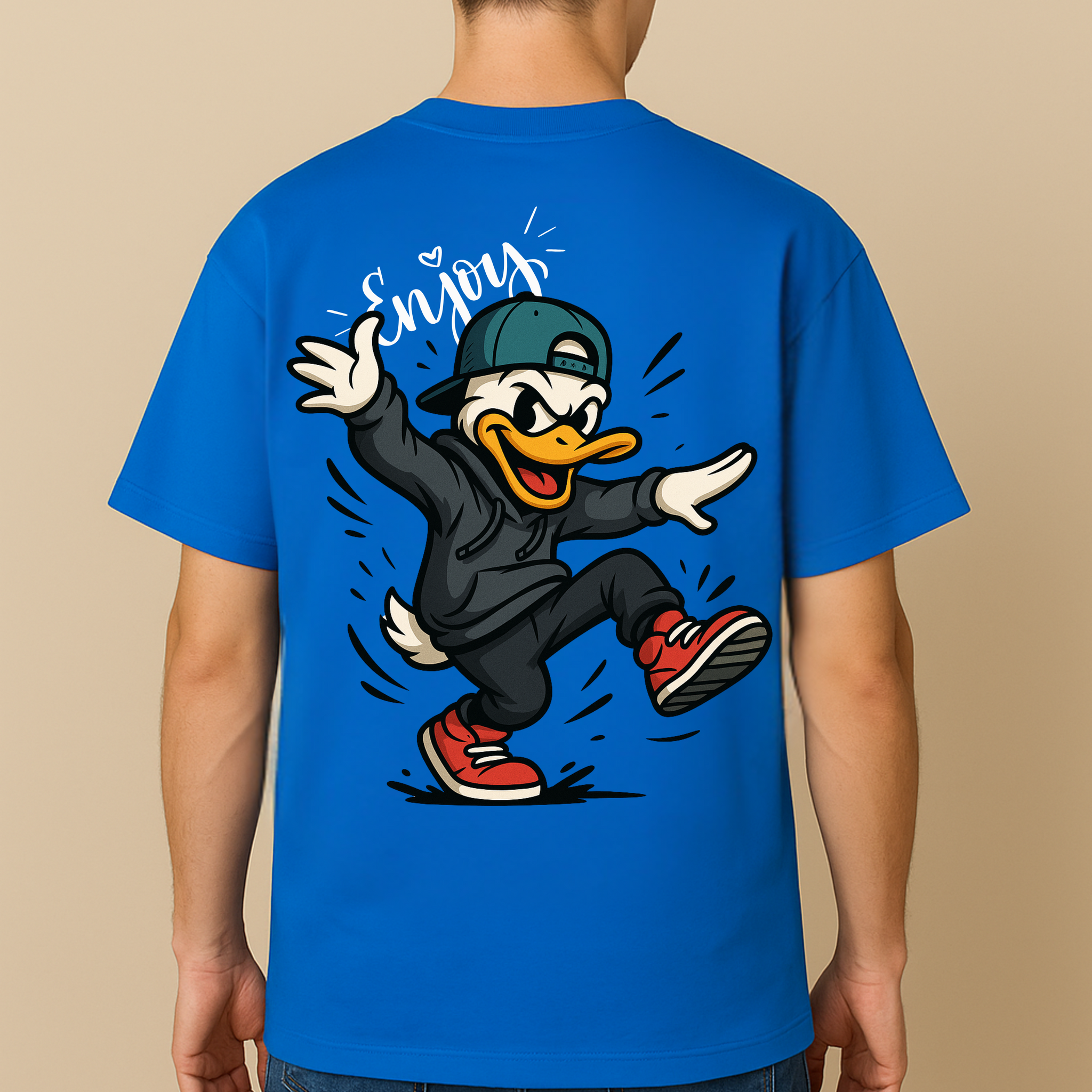 Men’s Oversized Cotton T-Shirt – “Enjoy the Vibe” Duck Print (Blue Edition)