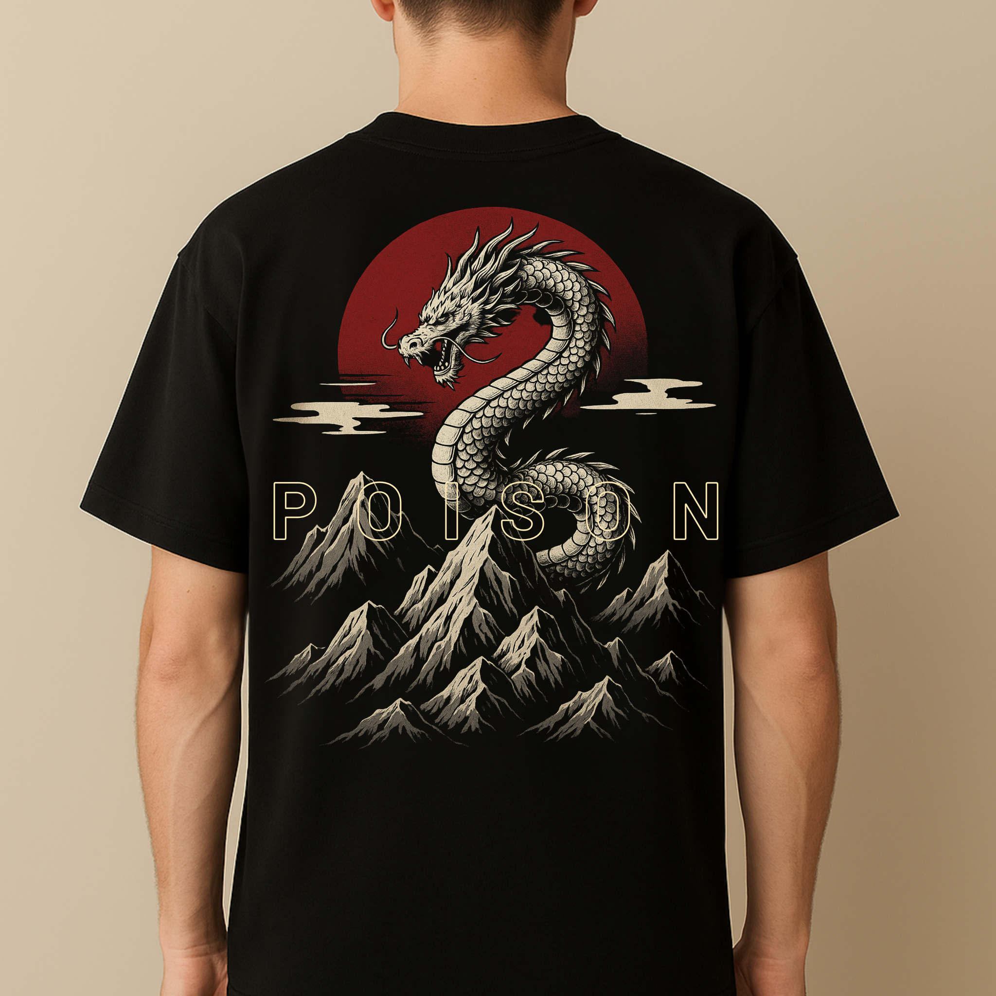 "Poison Dragon" Oversized Cotton T-Shirt for Men | Red Sun &amp; Mountain Print
