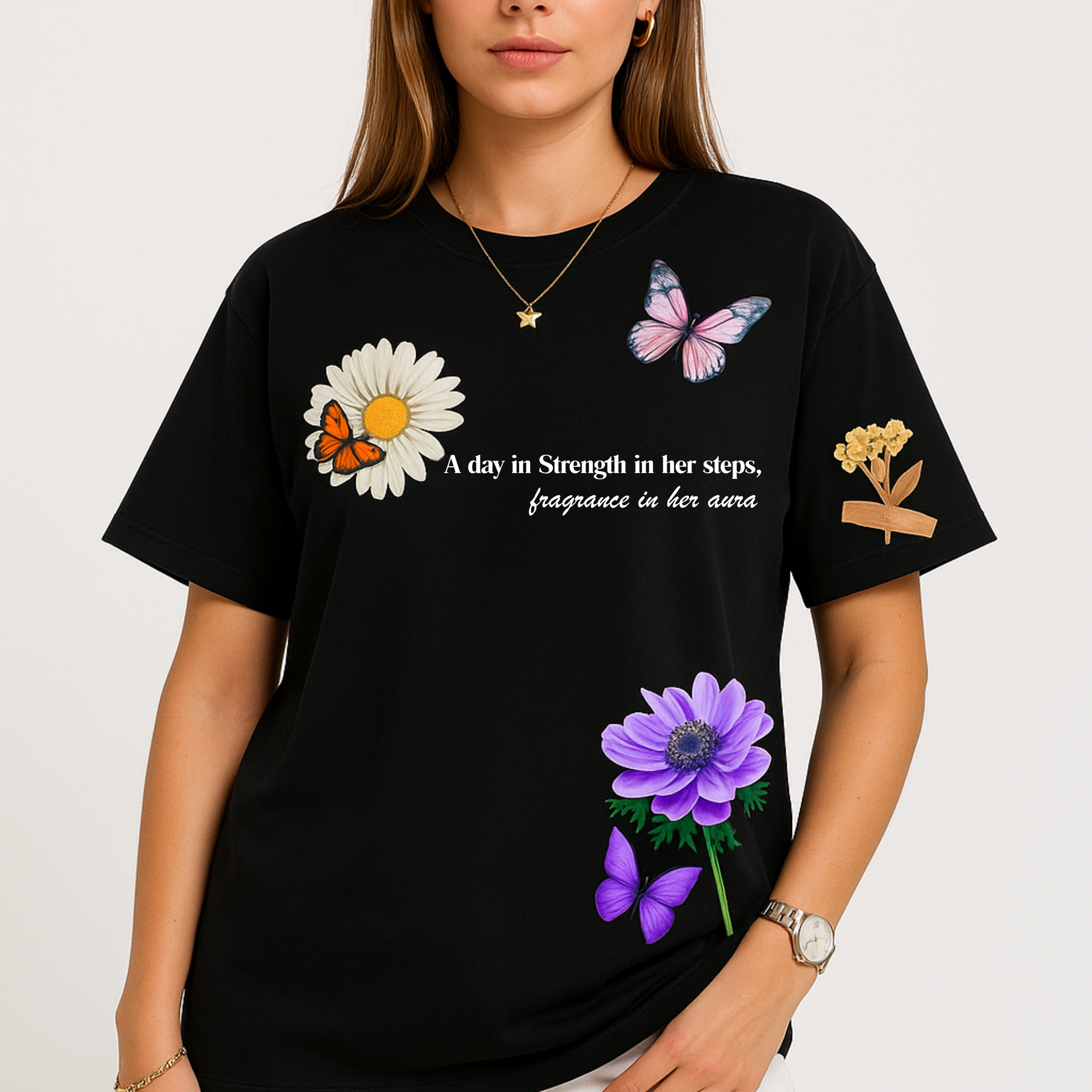 Black Oversized Butterfly & Floral Graphic Tee – Strength & Fragrance Edition