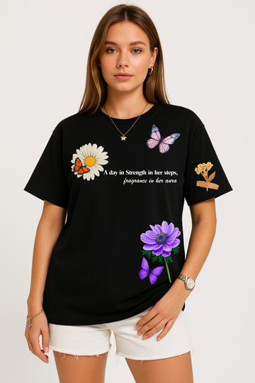 Black Oversized Butterfly & Floral Graphic Tee – Strength & Fragrance Edition